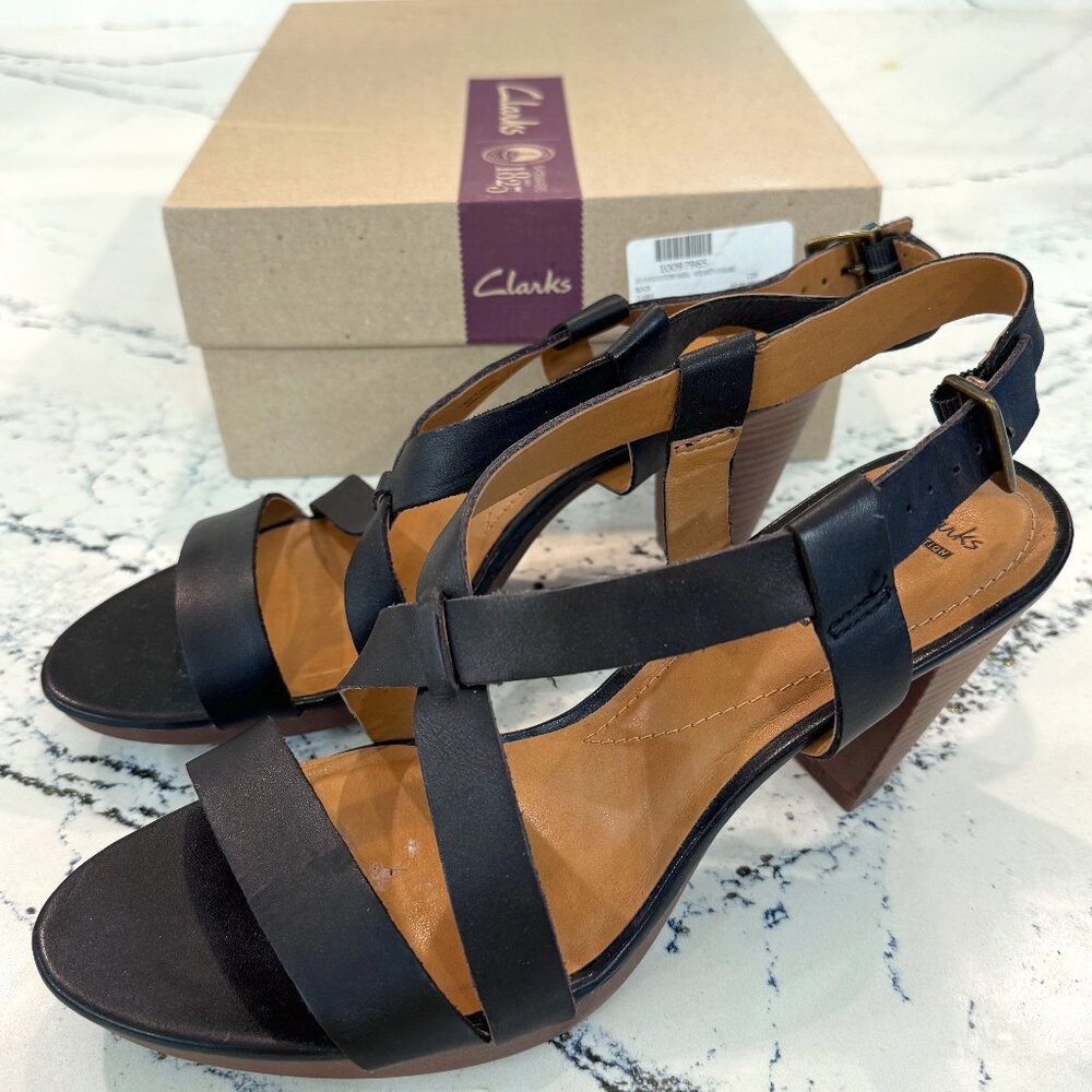 Clarks Jaelyn Fog Platform Sandal Black Leather Size 11 Heel Height 3.25"